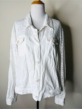 White Embroidered Eyelet Sleeve Dash Denim Jacket